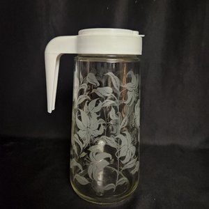 Vintage 1970s Anchor Hocking TANG Glass Pitcher with Lid 1 Quart Etched Lilies